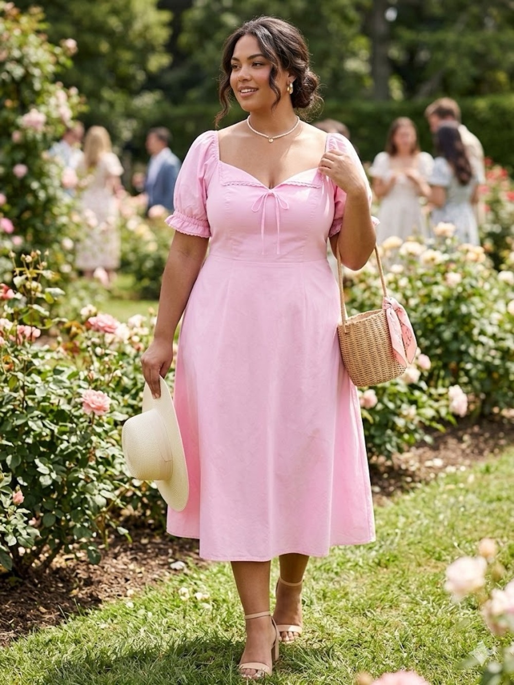 Pretty Pink Midi Dress with Puff Sleeves and Tie Front
